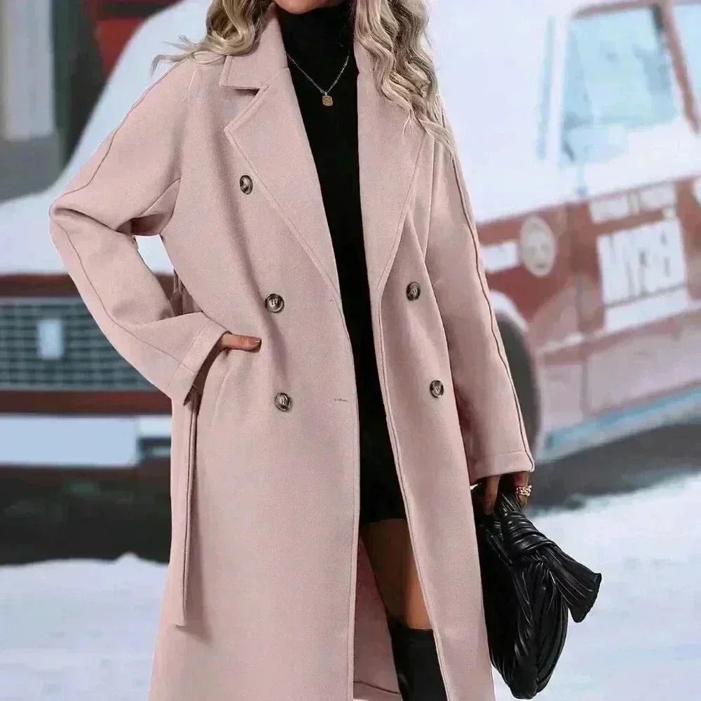 Casual Women's Lapel Neck Double Breasted Belted Jacket coat Dusty Pink - Picture 6 of 6
